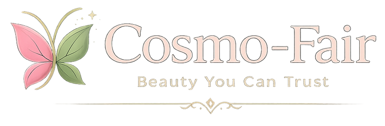 Cosmo-Fair logo with a pink and green butterfly icon and the tagline 'Beauty You Can Trust' on a white background.